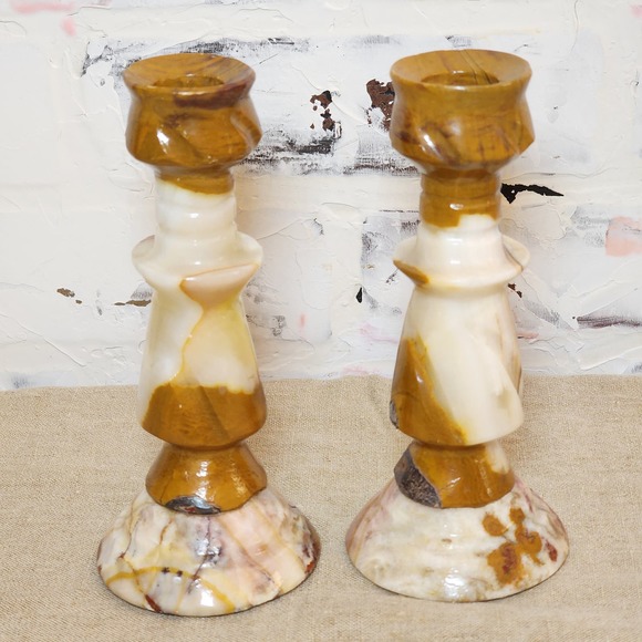 Vintage Marble Candle Holders Brown-Cream-White Made in Mexico Set/2 - 6.5" Tall - Picture 2 of 8